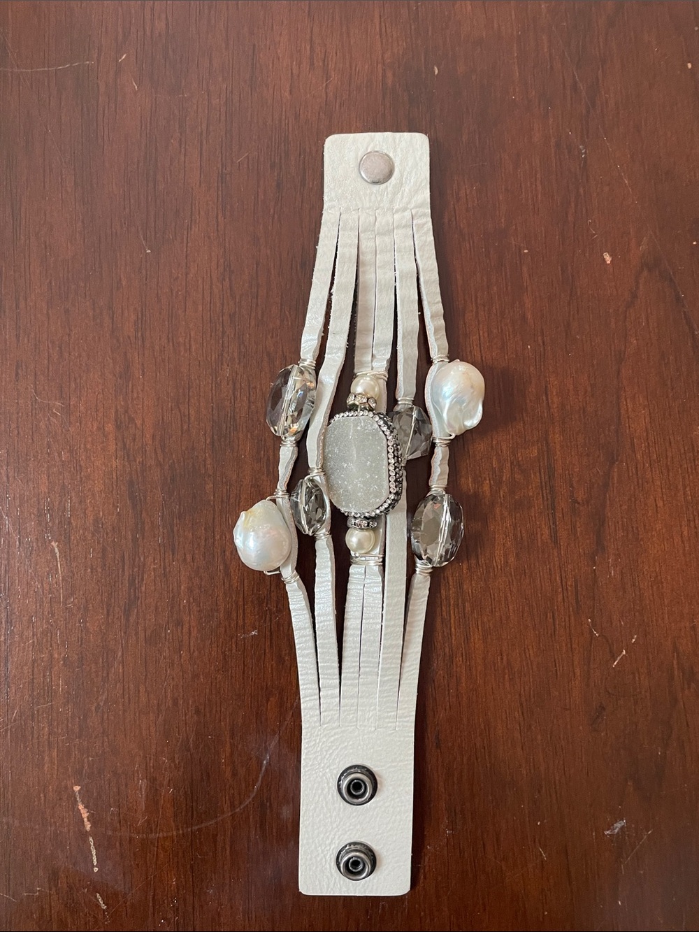 White Fringe Leather Beaded Wrist Cuff Bracelet